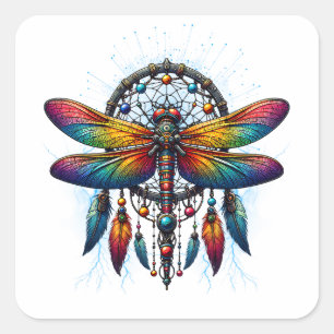 Pegatina Cuadrada Colorido atrapasueños de libélula psicodélico boho