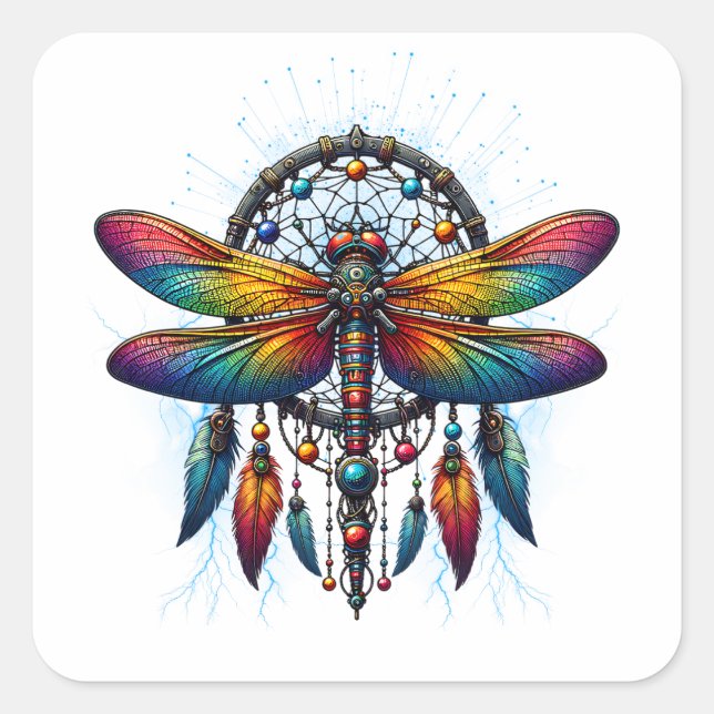 Pegatina Cuadrada Colorido atrapasueños de libélula psicodélico boho (Anverso)