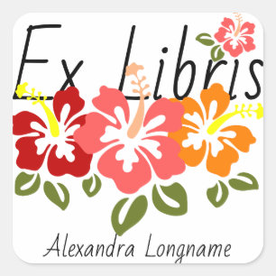 Pegatina Cuadrada Colorido hibiscus Personalized Ex Libris Bookplate