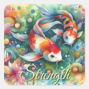 Pegatina Cuadrada Colorido Koi Fish Whimsical Watercolor Naranja Ver