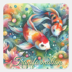 Pegatina Cuadrada Colorido Koi Fish Whimsical Watercolor Naranja Ver