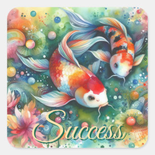 Pegatina Cuadrada Colorido Koi Fish Whimsical Watercolor Naranja Ver