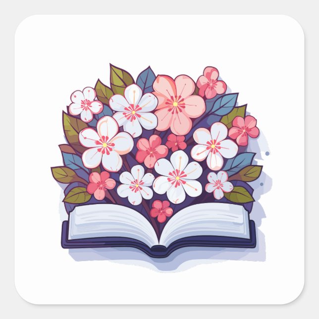 Pegatina Cuadrada Colorido libro abierto con flores (Anverso)