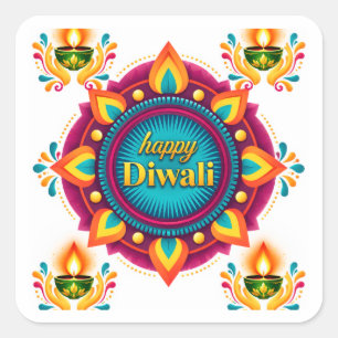 Pegatina Cuadrada Colorido Mandala de Diwali con Diyas Tradicionales