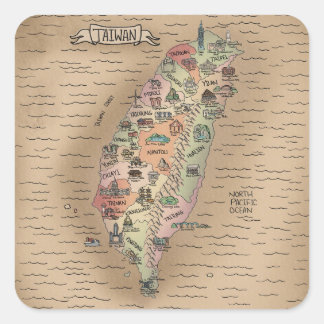 Pegatina Cuadrada Colorido mapa de Taiwán vintage