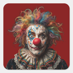 Pegatina Cuadrada Colorido Payaso de Circo Antiguo Cabello de Arcoír