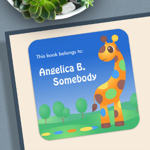 Pegatina Cuadrada Colorido Personalizado Giraffe Bookplate