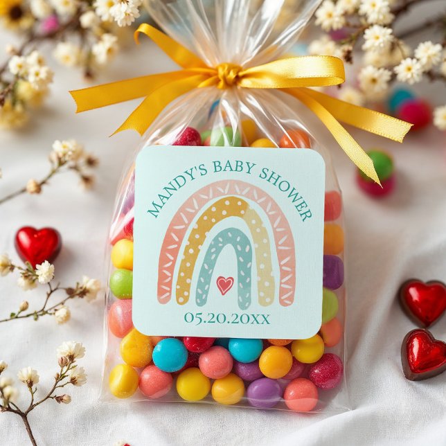 Pegatina Cuadrada Colorido Rainbow & Heart Boy Baby Shower (Colourful Rainbow & Heart Boy Baby Shower Square Sticker)