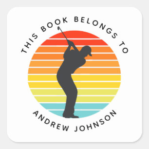 Pegatina Cuadrada Colorido Retro Golfer Silhouette Name Bookplate