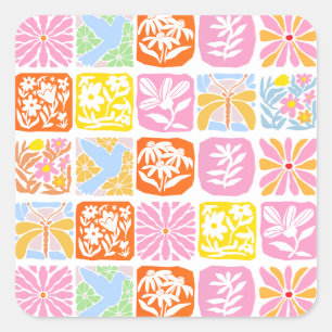 Pegatina Cuadrada Colorido Tile Floral Botánico Folk Whimsical