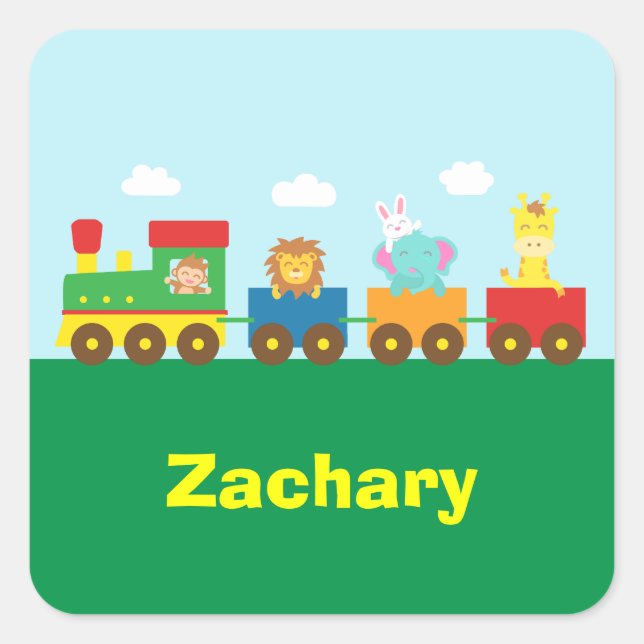 Pegatina Cuadrada Colorido tren de animales curados para niños (Anverso)
