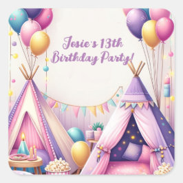 Pegatina Cuadrada Colorido y encantador Teepee Birthday Sleepover Fi