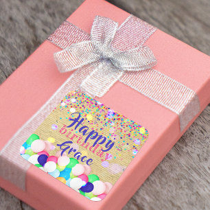 Pegatina Cuadrada Coloridos Confetti Y Globos Feliz Cumpleaños