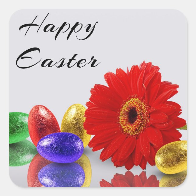 Pegatina Cuadrada Coloridos huevos felices de Pascua con Gerbera (Anverso)