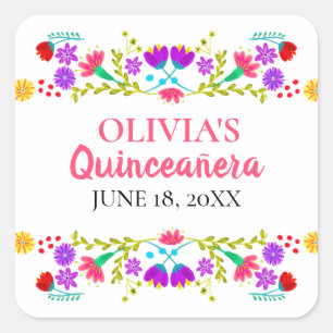 Pegatina Cuadrada Coloridos Mis Quince Años Fiesta Mexicana Flores