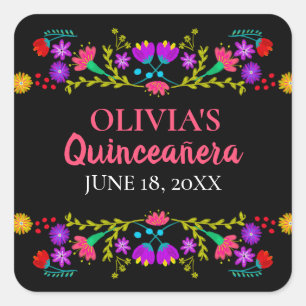 Pegatina Cuadrada Coloridos Mis Quince Años Fiesta Mexicana Flores