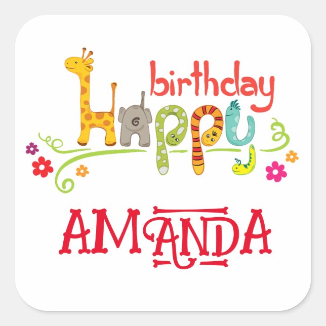 Pegatina Cuadrada Coloridos personajes animales Feliz cumpleaños (Anverso)