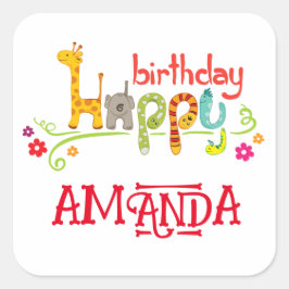 Pegatina Cuadrada Coloridos personajes animales Feliz cumpleaños