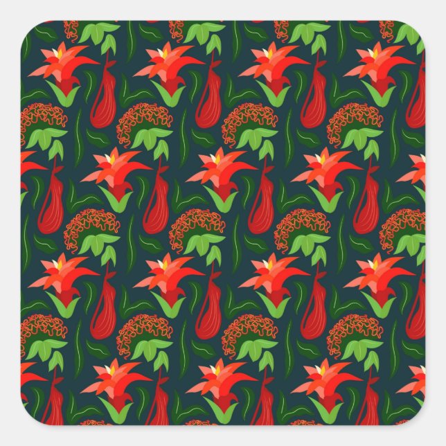 Pegatina Cuadrada Colourful Exotic Flowers Leaves Pattern-23187 (Anverso)