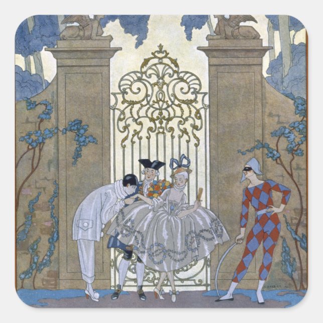 Pegatina Cuadrada Columbina, ilustracion de 'Fetes Galantes' de Pa (Anverso)