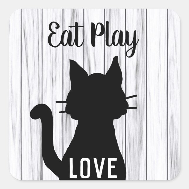 Pegatina Cuadrada Comer Play Love Black Cat Silhouette en la madera  (Anverso)
