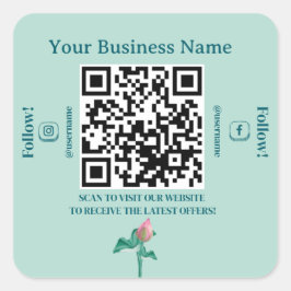 Pegatina Cuadrada Comercialización de código QR de floral verde de f
