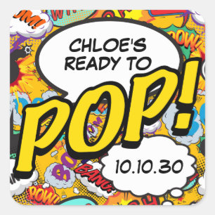 Pegatina Cuadrada Comic Book Ready to POP Baby Shower Sprinkle Fun