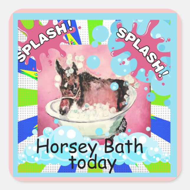 Pegatina Cuadrada cómic de baño de caballos (Anverso)