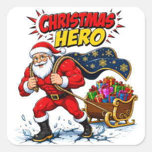 Pegatina Cuadrada Cómic de Santa Claus héroe de Navidad