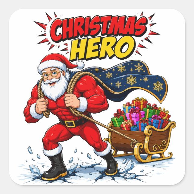 Pegatina Cuadrada Cómic de Santa Claus héroe de Navidad (Anverso)