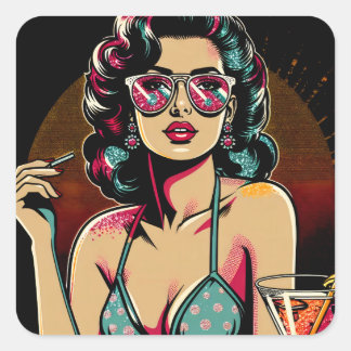 Pegatina Cuadrada Comic Retro Pinup Chica con un cóctel Cumpleaños