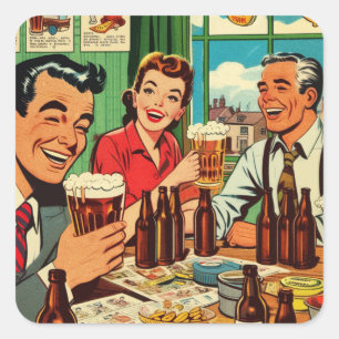 Pegatina Cuadrada Comics de cerveza Retro Bar