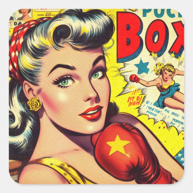 Pegatina Cuadrada Comics de Chicas de boxeo retro (Anverso)