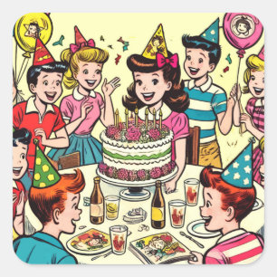 Pegatina Cuadrada Comics de Fiestas de cumpleaños para niños retro