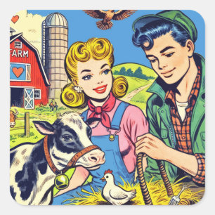 Pegatina Cuadrada Comics de la granja retro
