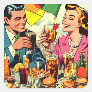 Pegatina Cuadrada Comics de la pareja retro sobre bebidas