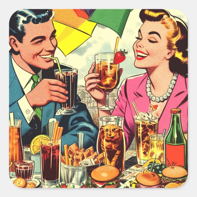 Pegatina Cuadrada Comics de la pareja retro sobre bebidas (Anverso)