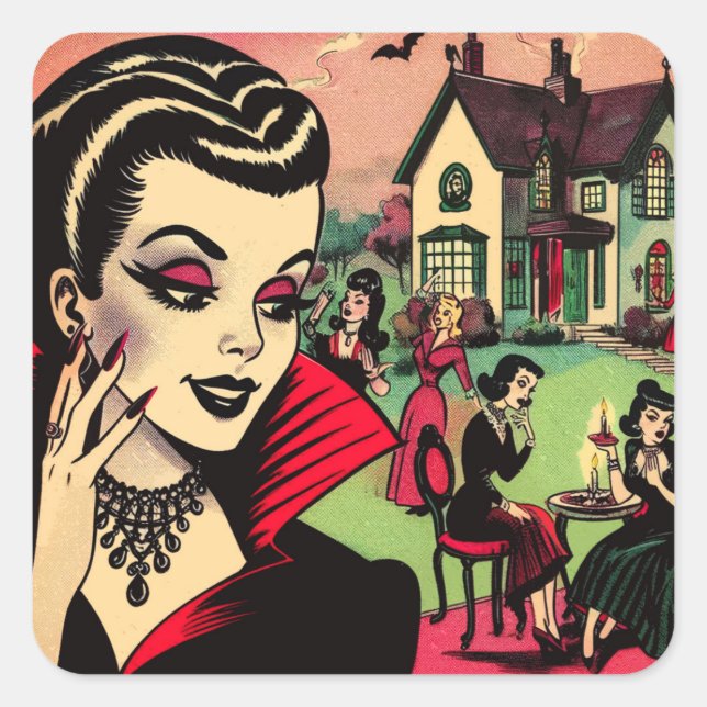 Pegatina Cuadrada Cómics de mujeres con vampiros de Gótico retro (Anverso)