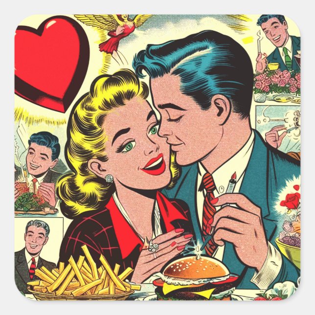 Pegatina Cuadrada Comics de parejas de amor retro (Anverso)