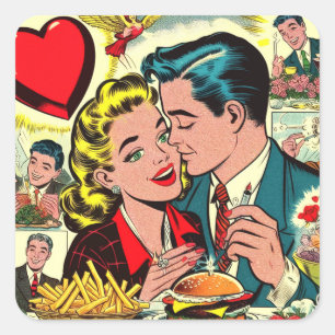 Pegatina Cuadrada Comics de parejas de amor retro