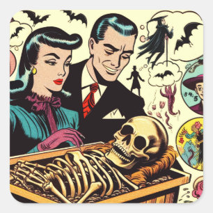 Pegatina Cuadrada Comics de parejas de Góticos retro
