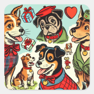 Pegatina Cuadrada Cómics de perros retro curados