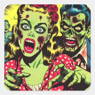 Pegatina Cuadrada Comics retro de parejas zombi