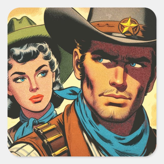 Pegatina Cuadrada Cómics Retro Vaquero/Vaquera (Anverso)
