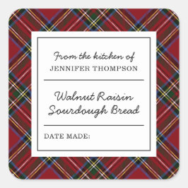 Pegatina Cuadrada Comida casera Tartán rojo de vacaciones clásico