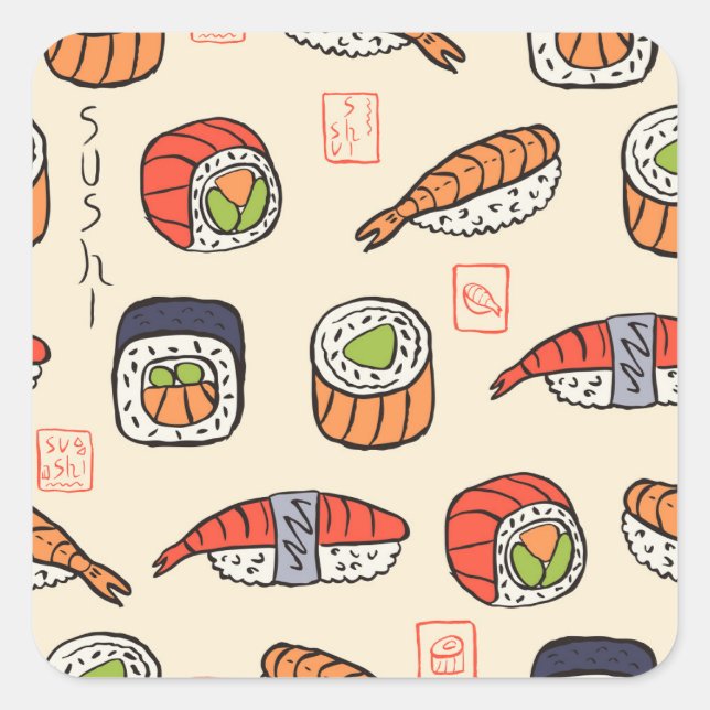 Pegatina Cuadrada Comida de sushi, diseño de patrones impecable. (Anverso)