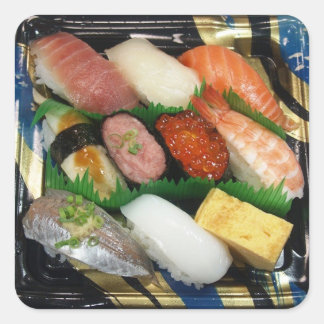 Pegatina Cuadrada Comida japonesa con caja de sushi
