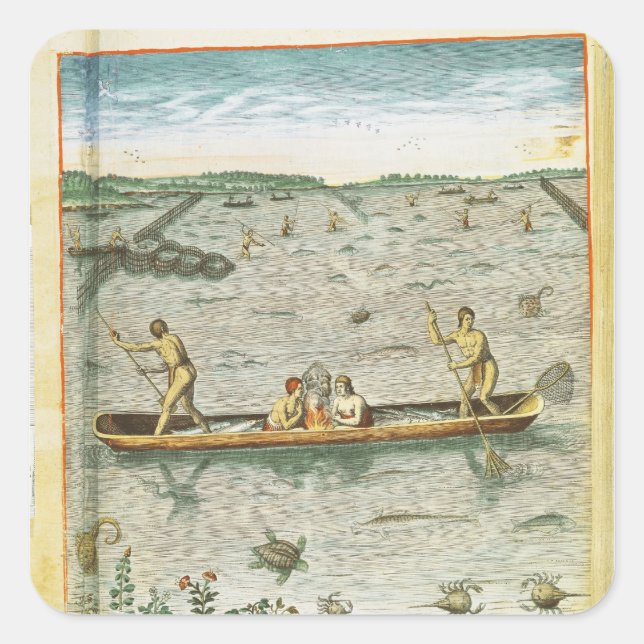 Pegatina Cuadrada Cómo los indios capturan sus peces (Anverso)