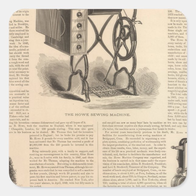 Pegatina Cuadrada Cómo masticar coser con boceto del inventor (Anverso)