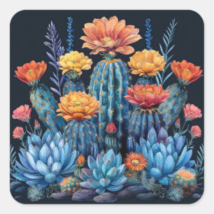 Pegatina Cuadrada Composición de cactus floridos, suculentos